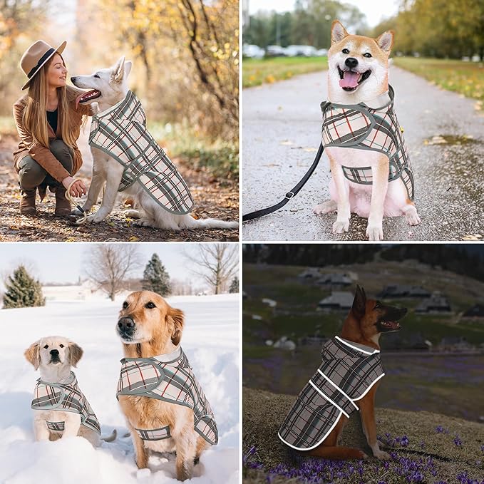 Dog Raincoat for Medium Dogs Waterproof Hooded Rain Jacket with Reflective Strips Leash Hole & Poncho Adjustable Fit (Plaid,L)