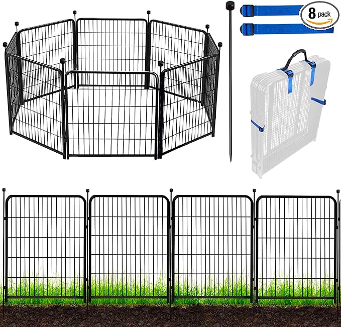 ADAVIN 48 in(H) Garden Fence Panels, 8 Panels Total 17.7 Ft(L), Heavy Duty Iron Metal Animal Barrier Fence, Fencing for Flowers Beds, Camping Fence, No Dig Garden Border Fencing for Yard（No Gate）