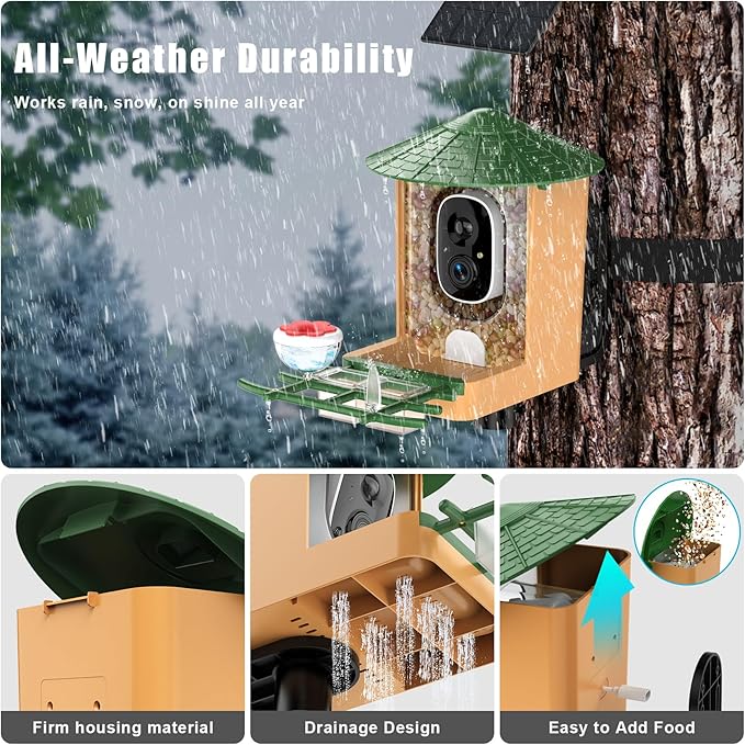 Smart Bird Feeder with Camera with AI Identify Birds Species & Solar Panel, WiFi Birdfeeder with Cam, 2K Live View, Chew-Proof & Waterproof Design, Real-Time App Alerts, Gift for Bird Lovers, Green