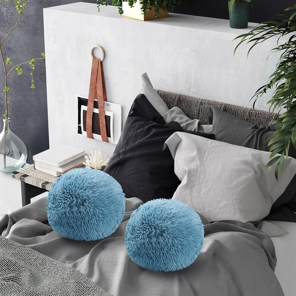 2 Pack Plush Round Ball Throw Pillow 10 Inch Nordic Soft Boucle Pillows Spherical Fuzzy Pillows Circle for Couch Sofa Bed Bedroom Living Room Office School Chair Decorations(Blue)