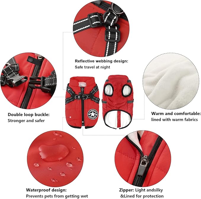 Aiboria Dog Jacket Dogs Vest Coat Windproof Warm Pet Fleece Dog Sweater Padded Vest with Chest Strap Harness Red S