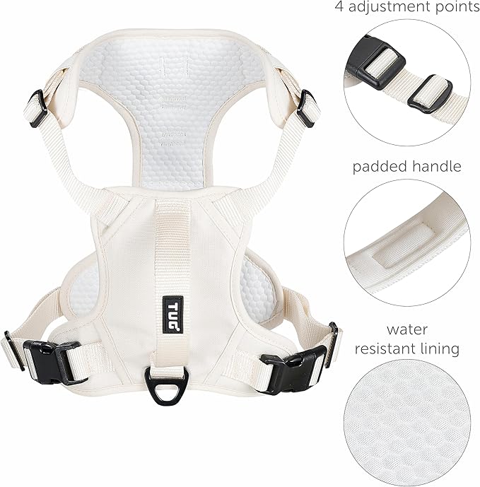 TUG Dog Harness with 2 Leash Connection Points | Adjustable, Padded, Lightweight | Handle on Back | No-Pull Front Clip (XL, Cream)