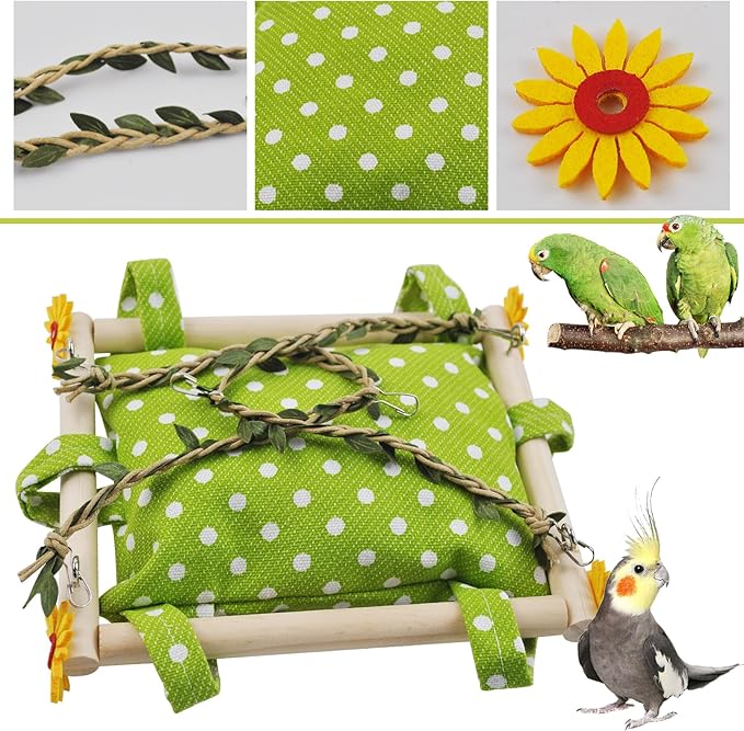 Bird Toy Climbing Hammock Nest Hanging Bird Bed for Cage Wooden Perch Stand Swing with Bell Toy for Parrot Parakeet Cockatiel Conure Cockatoo
