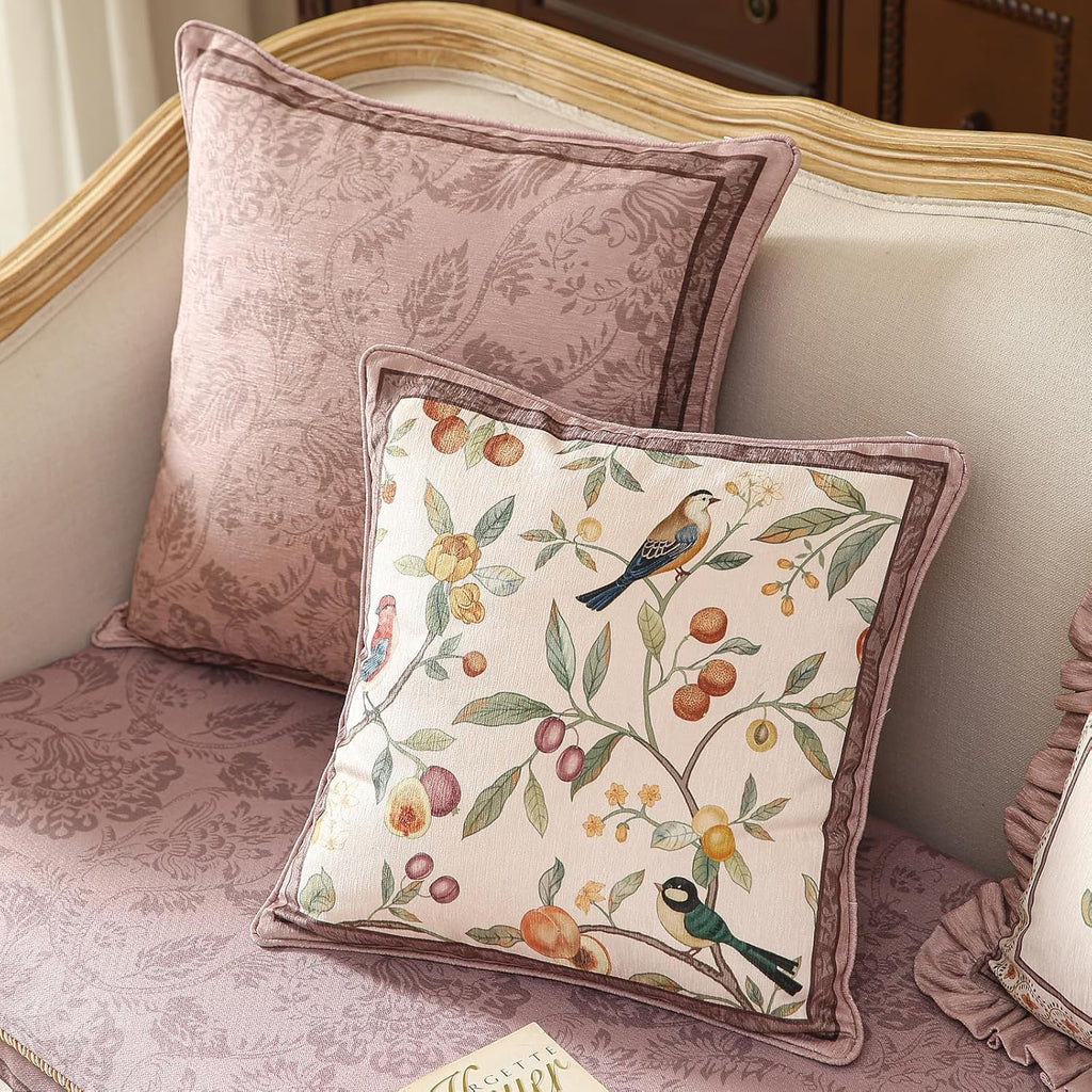 Pink Farmhouse Throw Pillow Covers,Birds and Flowers Pattern Cozy Velvet Pillowcases,Decoration Square Pillows Cushion Covers for Couch Sofa Bed Car Chair,18"x18"