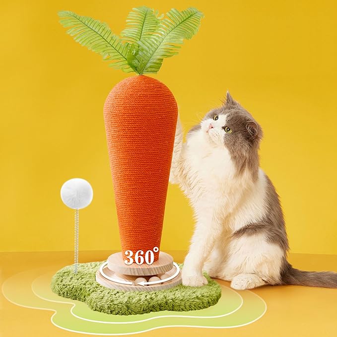 24'‘ H Cat Scratching Post Carrot with Catnip, Cute Cat Scratcher Post with Durable Natural Wooden Turntable Toy, Carrot Shape Design Cat Toy Cat Tree Sisal Scratcher for Indoor Cats (Cloud Base)