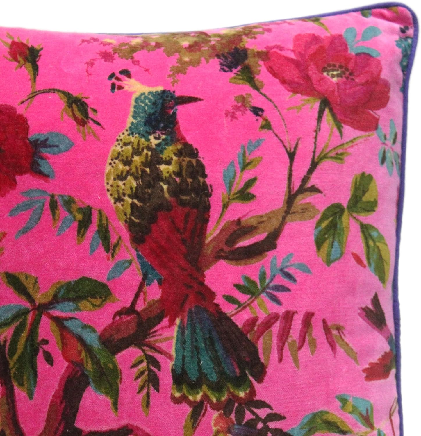 Eyes of India Velvet Floral Flower Bird Throw Pillow Sofa Cushion Cover Case Couch Colorful Boho Chic Bohemian Accent Indian Handmade (Pink, 16" x 16")