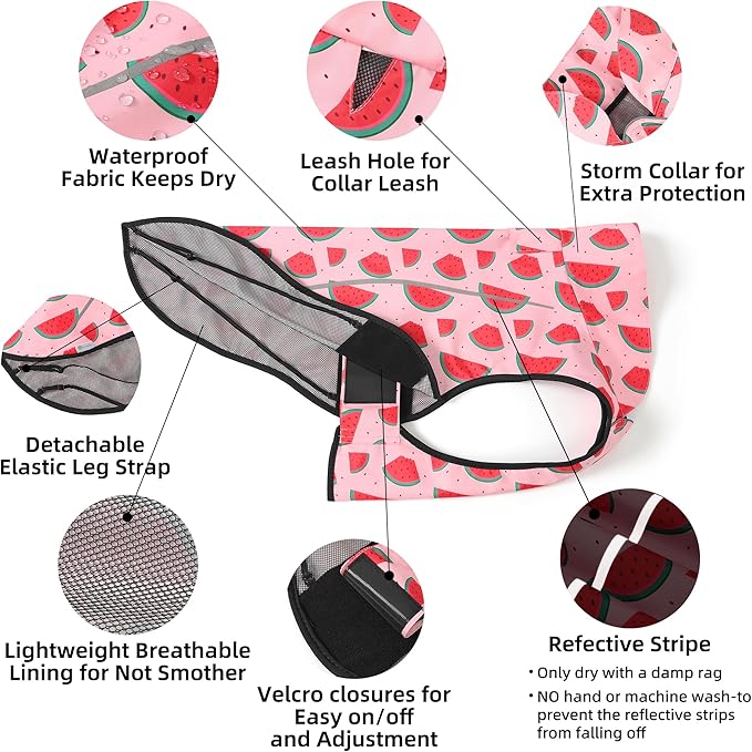 Mile High Life Dog Raincoat, Adjustable Waterproof Reflective Rain Jacket for Small Medium Large Dogs, Lightweight Breathable Pet Rain Coat with Leash Hole(Pink Watermelon,S Chest 22-25")