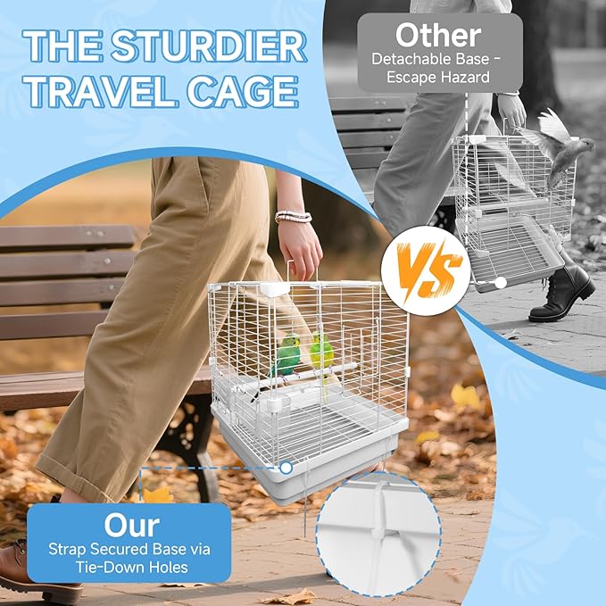 Small Bird Cage for Parakeets, Budgies & Canaries and More Small Birds - Lightweight Travel Birdcage & Bird Carrier with Handle, Stand, Removable Tray, Portable for Hanging, Outdoor Use, White