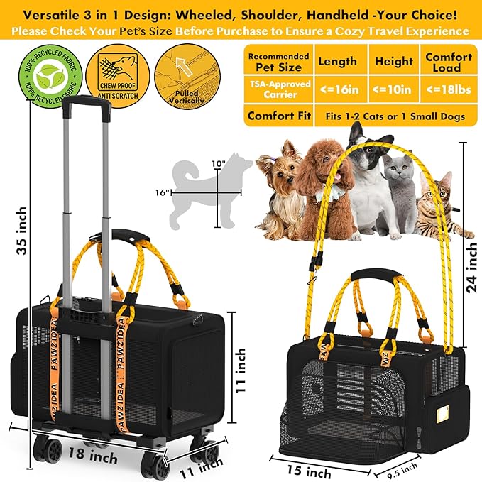 PAWZIDEA Expandable Pet Carrier with Wheels, 18"x11"x11" TSA Airline Approved Cat Carrier for 2 Cats Under Seat, Soft-Sided Dog Carrier for Small Dogs Rolling Travel Bag w/Telescopic Handle, ID Card