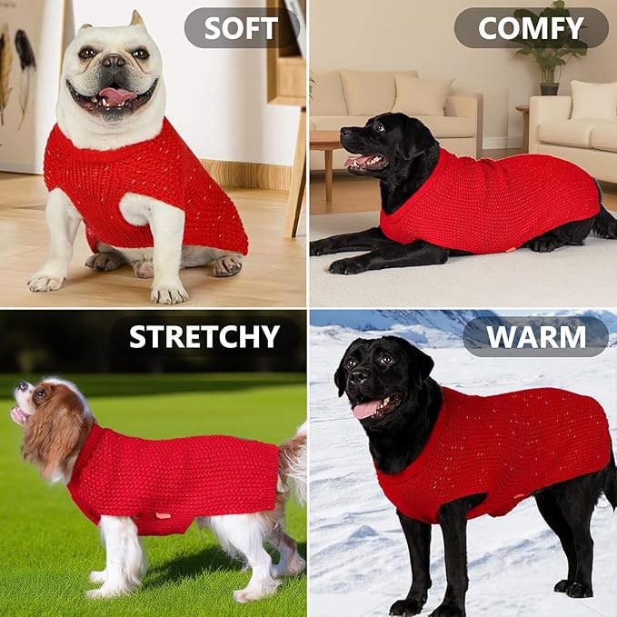 KYEESE Dog Christmas Sweater for Large Dogs with Leash Hole Warm Pullover with Reflective Yarn Male Thick Stretchy Knitwear Winter Soft Pet Coat boy Cold Weather Comfy Dog Sweaters,Red,XXX-Large