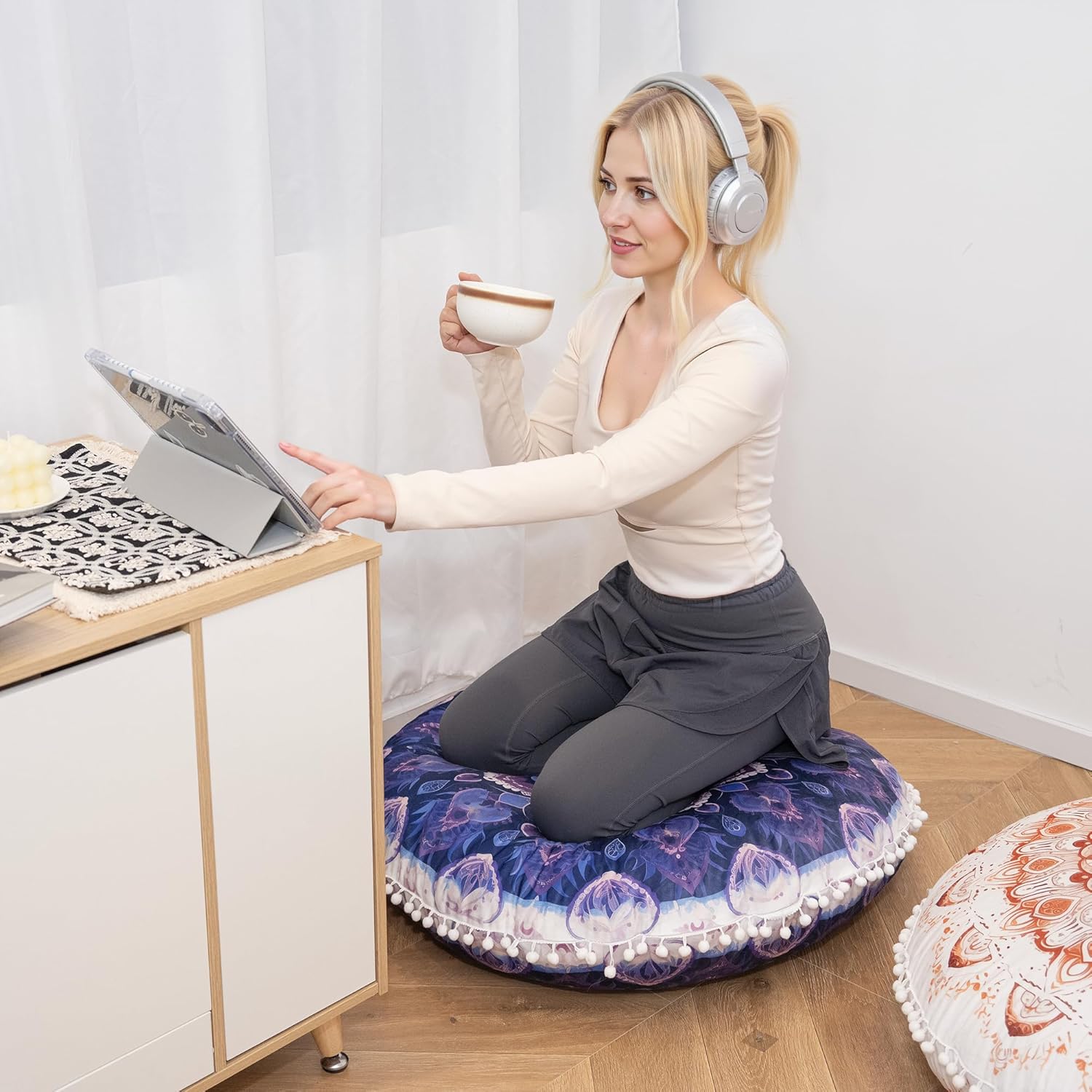 32-Inch Round Meditation Cushion for Adults – Extra-Thick Large Floor Pillow with Premium Filling, Bohemian Mandala Circle Cushion for Yoga, Living Room (1, Purple, Extra Large)