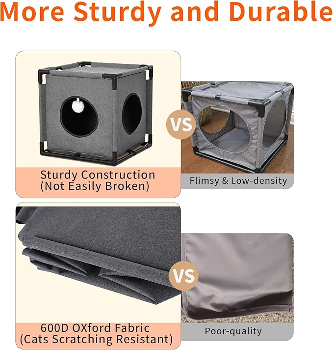 Cat Beds for Indoor Cats - Cat Hideaway，Muti-Functional Cat Cave Bed with Soft Velvet Pad and Fluffy Ball，Elevated Cat House for Multiple Cats，Grey