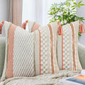 AmHoo Set of 2 Chenille Striped Textured Boho Throw Pillow Covers Aesthetic with Tassels Woven Decorative Pillow Case for Couch Bed Sofa Bedroom Modern Funky 18 x 18-Inch White Orange