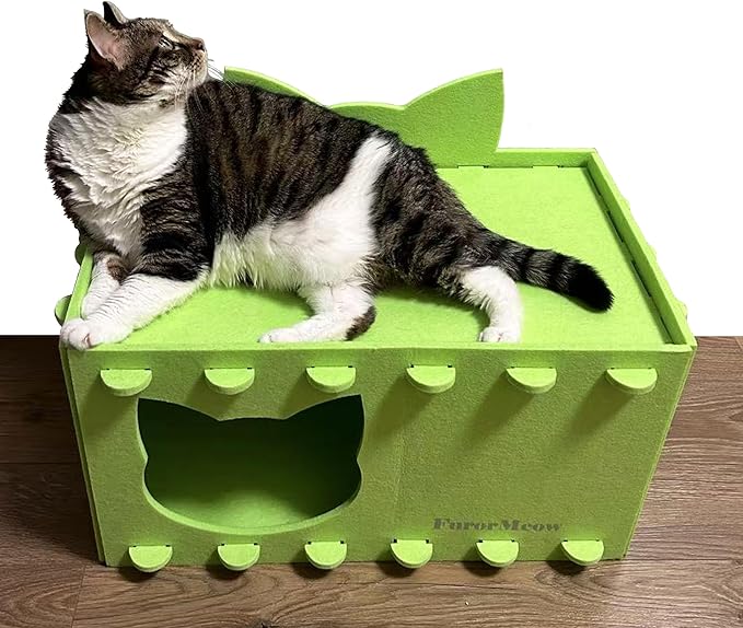 Cat House Cat Ear Design, Large Spacious Cozy Indoor Cat Bed Cave, Scratch Resistant Strong Thick Premium Felt Condo, Fun Hideaway for Multiple Cats, 21.5x13x11.6 inches (Bright Green)