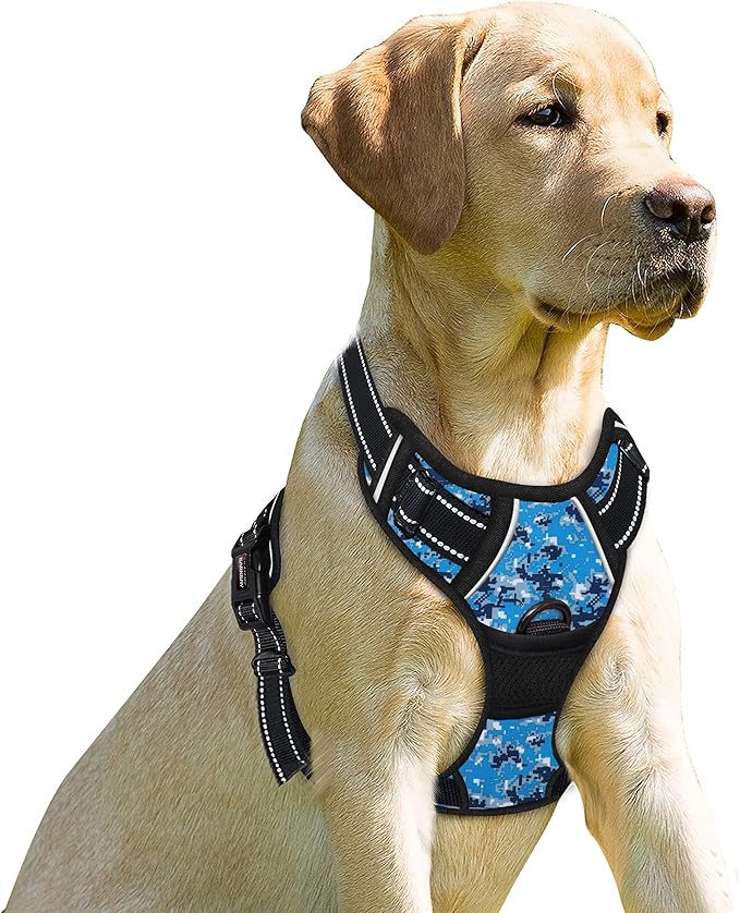 BARKBAY No Pull Dog Harness Front Clip Heavy Duty Reflective Easy Control Handle for Large Dog Walking(Blue camo,S)