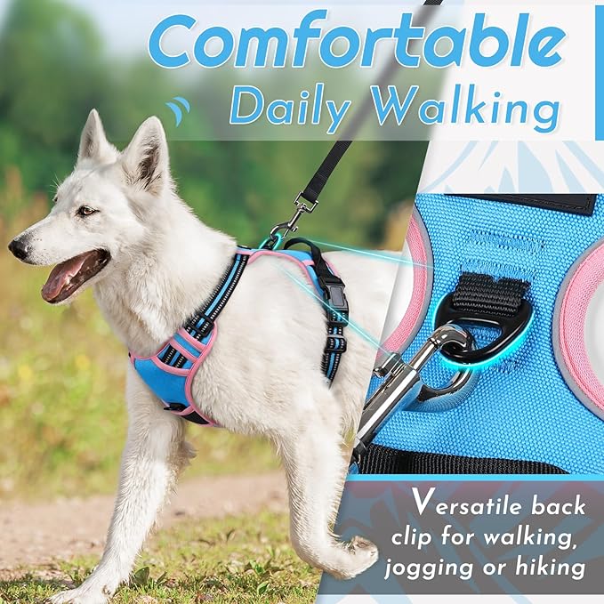 Eagloo Dog Harness for Large Dogs, No Pull Service Vest with Reflective Strips and Control Handle, Adjustable and Comfortable for Walking, No Choke Pet Harness with 2 Metal Rings, Pink & Blue, XL