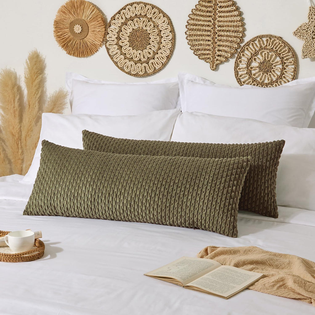 Kevin Textile 14x36 Inch Long Lumbar 1 Pack Boho Decorative Throw Pillow Cover Soft Striped Corduroy Rectangle Cushion Case Farmhouse Solid Color Accent for Living Room Couch Sofa Bed, Olive Green