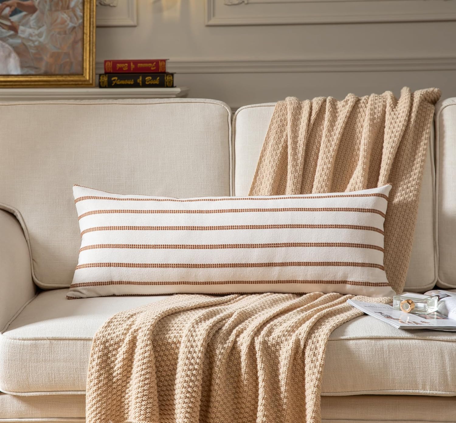 Caflife Boho Lumbar Throw Pillow Cover 14X36 Long Soft Farmhouse Decorative Couch Pillow Cases Brown Striped Body Pillow Covers Neutral Cushion Covers for Sofa Bed Living Room Home Decor Pack of 1