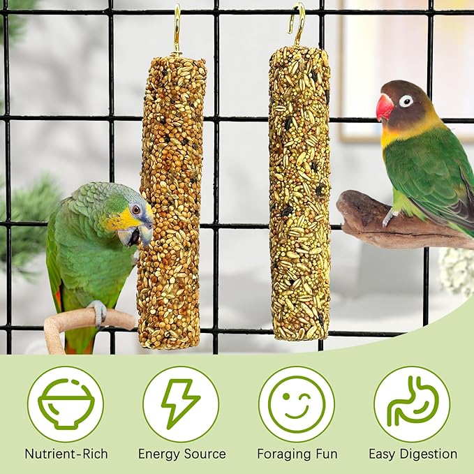 Fhiny Parakeet Treats, 4 PCS Natural Bird Crunch Sticks Grains Mixed Budgie Snacks Cockatiel Food Sticks Long-Lasting Chewing Toys for Parakeet Cockatiel Budgie Conure Parrot Lovebird Finch