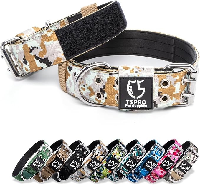 TSPRO Tactical Dog Collar, Adjustable, with Patch & Double Needle Metal Buckle, Heavy Duty for Medium to Large Dogs, Durable for Walking, Running, Hiking & Training (Camo Khaki M+)