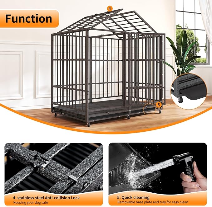 54 in Heavy Duty Indestructible Dog Crate Steel Escape Proof, High Anxiety Cage with Wheels, Removable Tray, Extra Large Dog Kennel XL XXL