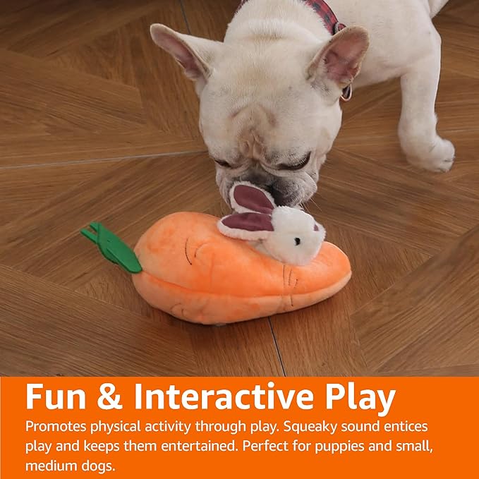 Amazon Basics Interactive Hide and Seek Squeaky Dog Plush Toy, Rabbit and Carrot, Orange and White, 5-Pack
