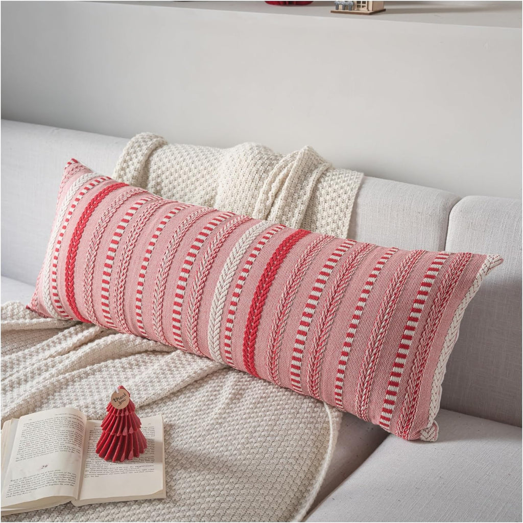 Christmas Lumbar Pillow Covers 14x36 Long, Farmhouse Boho Christmas Decorative Couch Pillow Cases, Red Accent Pillows of Bed, Sofa Bedroom Living Room Home Decor Cushion Cover, Pack of 1