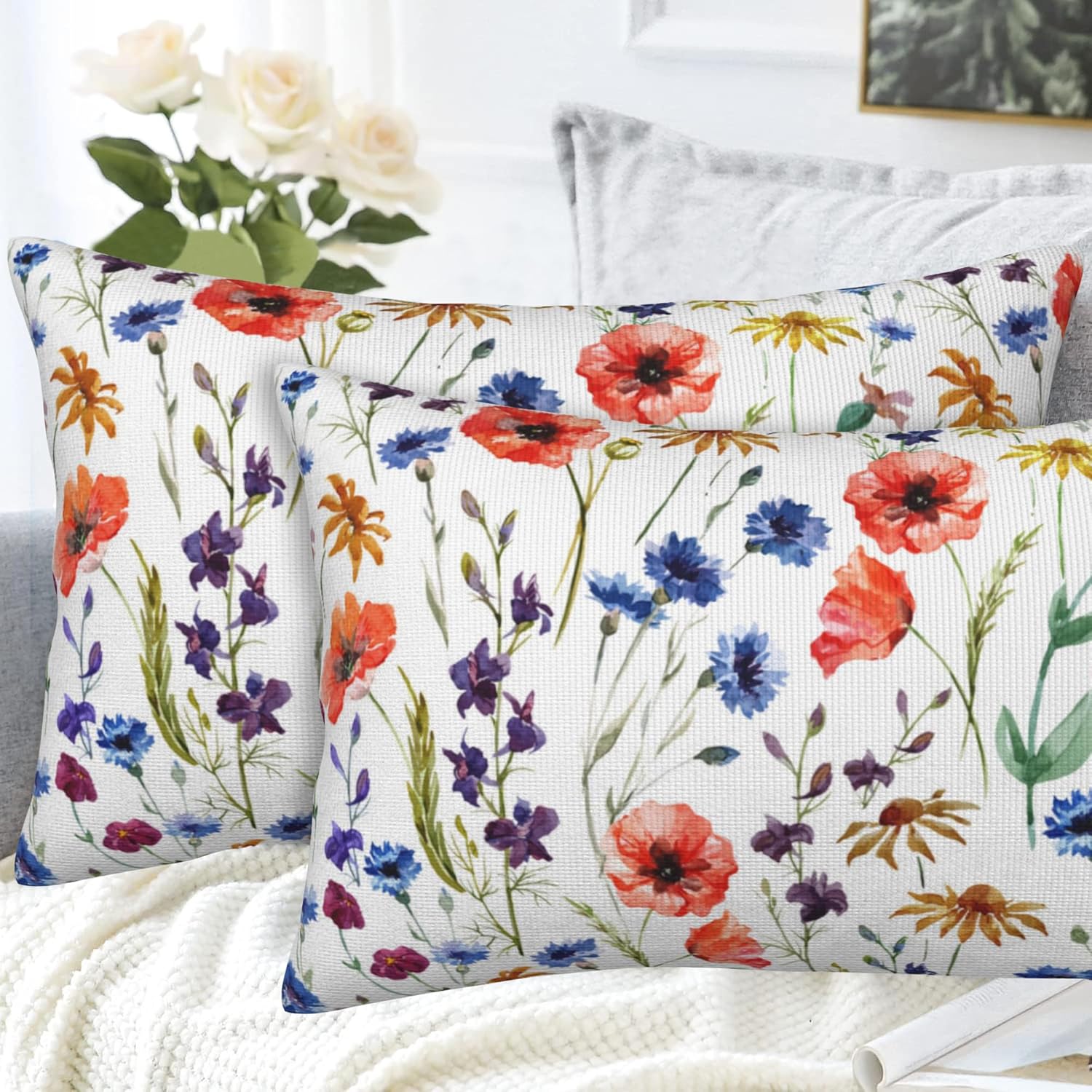 Wildflowers Throw Pillow Covers Set of 2 Watercolor Poppy Pillow Covers 20x12 Inch Modern Farmhouse Home Decorative Pillow Cases Cushion Cover for Sofa Living Room Office