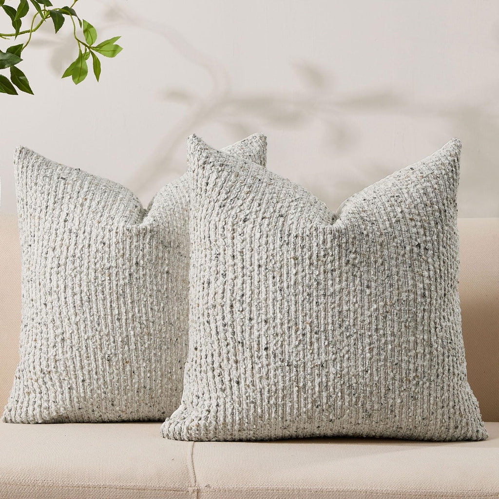 Decorative Couch Throw Pillow Covers 16x16 Set of 2 Cream Gray Striped Soft Wool Pillow Covers Neutral Textured Boho Cushion Covers for Modern Farmhouse Sofa Bedroom Living Room Decor SY012-B16