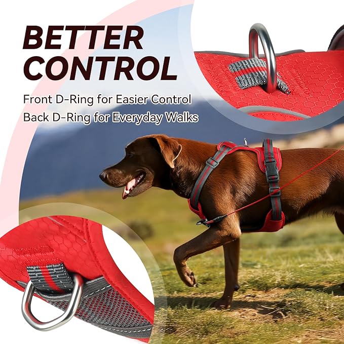 VIVAGLORY Dog Harness Easewalk No Pull Dog Harness with Handle & Front Back Clip for Training Lifting, Easy On Adjustable Padded No Pull for Pet & Puppy, XL, Red