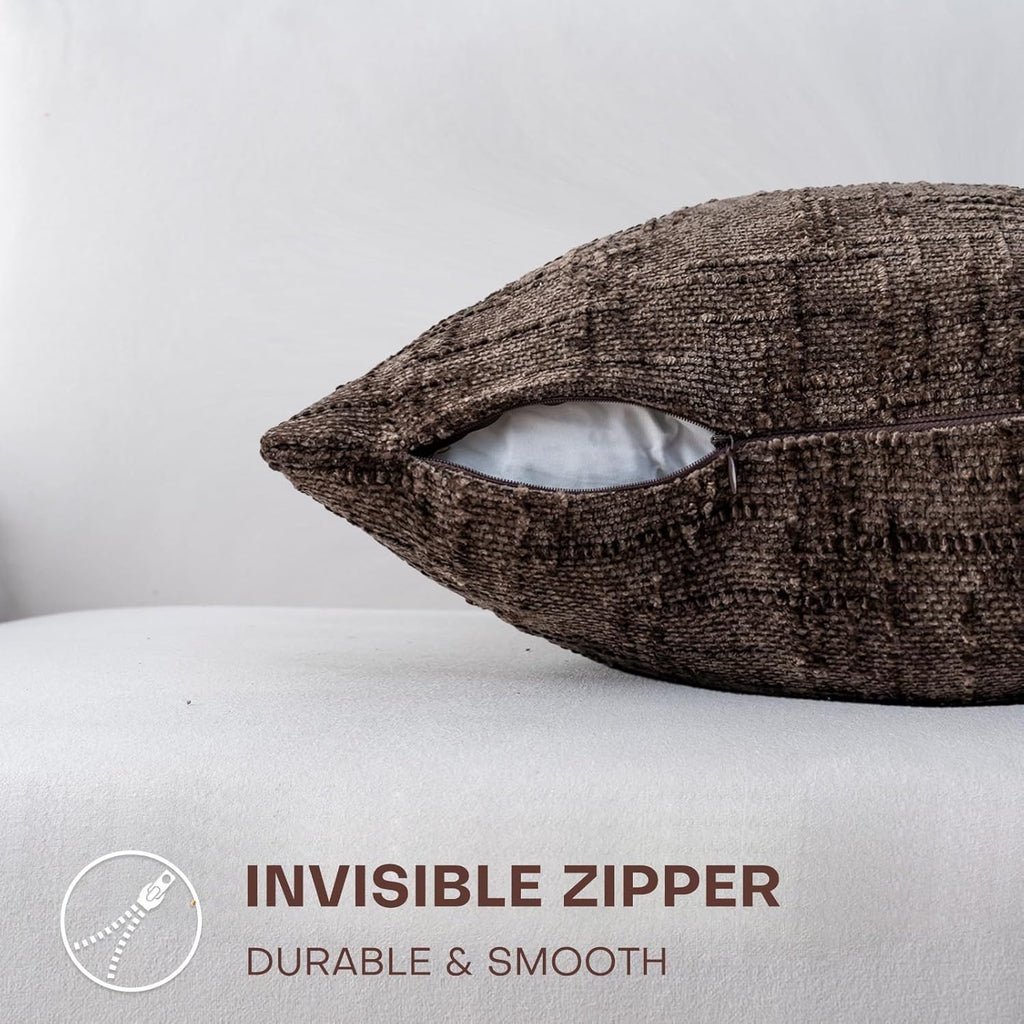 Decorative Throw Pillow Covers 18x18 Inch Set of 2, Soft Solid Farmhouse Chenille Couch Pillows, Spring Pillow Covers for Couch Sofa Bed Living Room Home Decor Pillowcase, Brown