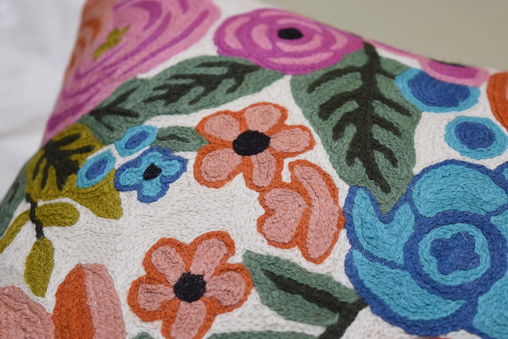 Roses Floral Pillow Cover Flower Farmhouse Chair Cushion Suzani Flowers Pillowcase Boho Florals Accent Throw Pillowsham Wool Hand Embroidered Size 18x18