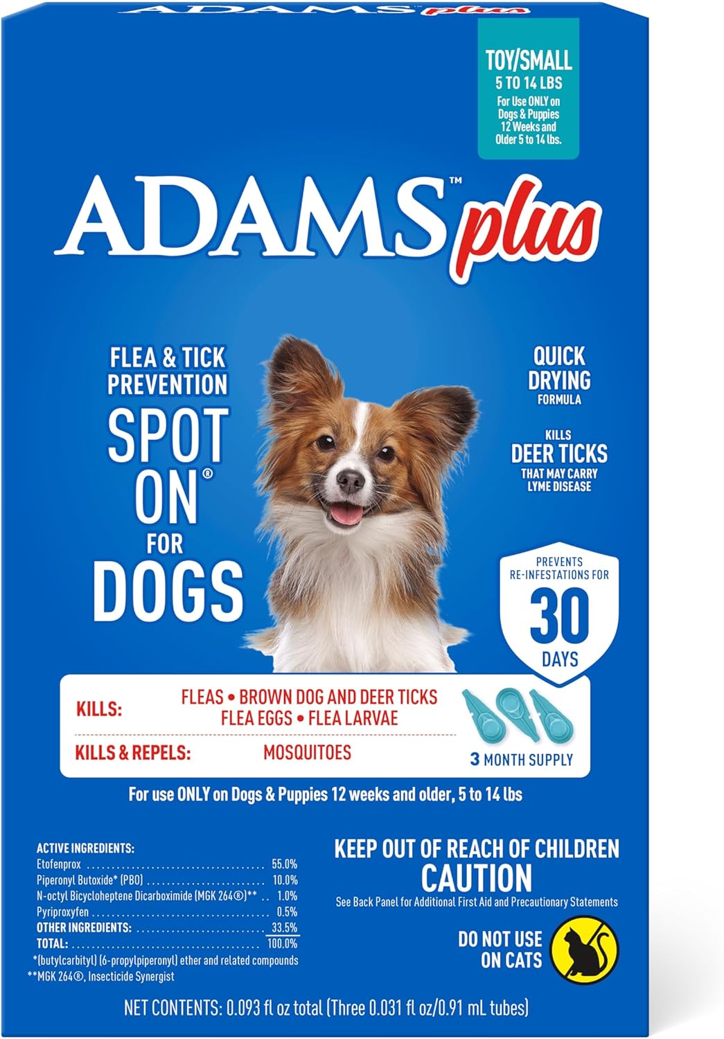 Adams Plus Flea & Tick Prevention Spot On for Dogs 5-14 Pounds, 3-Month Supply, Kills Fleas, Flea Eggs, Flea Larvae, Brown Dog & Deer Ticks, Kills and Repels Mosquitoes For 30 Days, Central Brands
