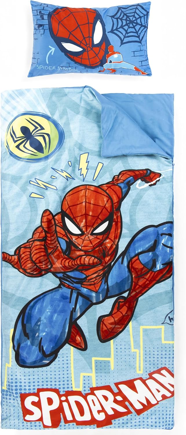 Jay Franco Kids Slumber Bag and Pillow - 54 x 27 Inch Comfy Indoor Sleeping Bag for School and Sleepovers, 2 Piece Set, Blue - Spiderman