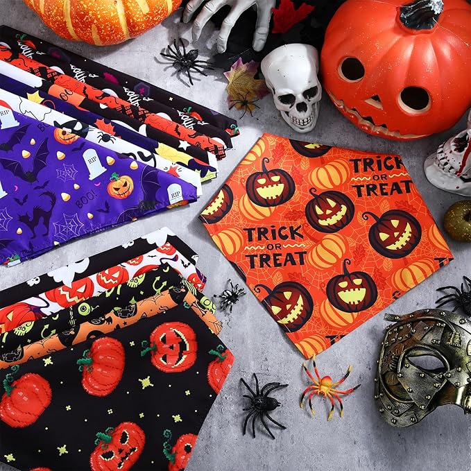 Kigeli 100 Pack Halloween Dog Bandanas Adjustable Triangle Bibs Scarf Ghost Halloween Pumpkin Spider Web Pet Bandanas Costumes Holiday Accessories for Large Medium Small Dog Puppy Cat(Large)