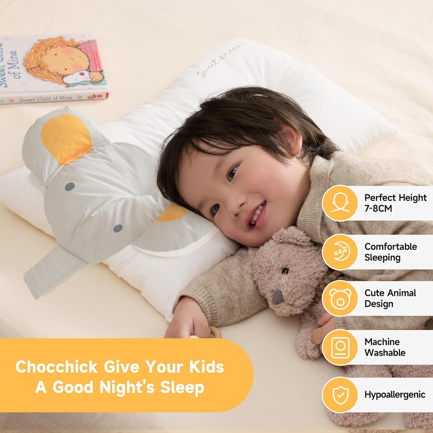 Choc chick Toddler Pillow,20X12Inches Machine Washable Soft Hypoallergenic Kids Pillows,Child Cute Animal Design Perfect Toddler Pillows for Sleeping (Elephant)