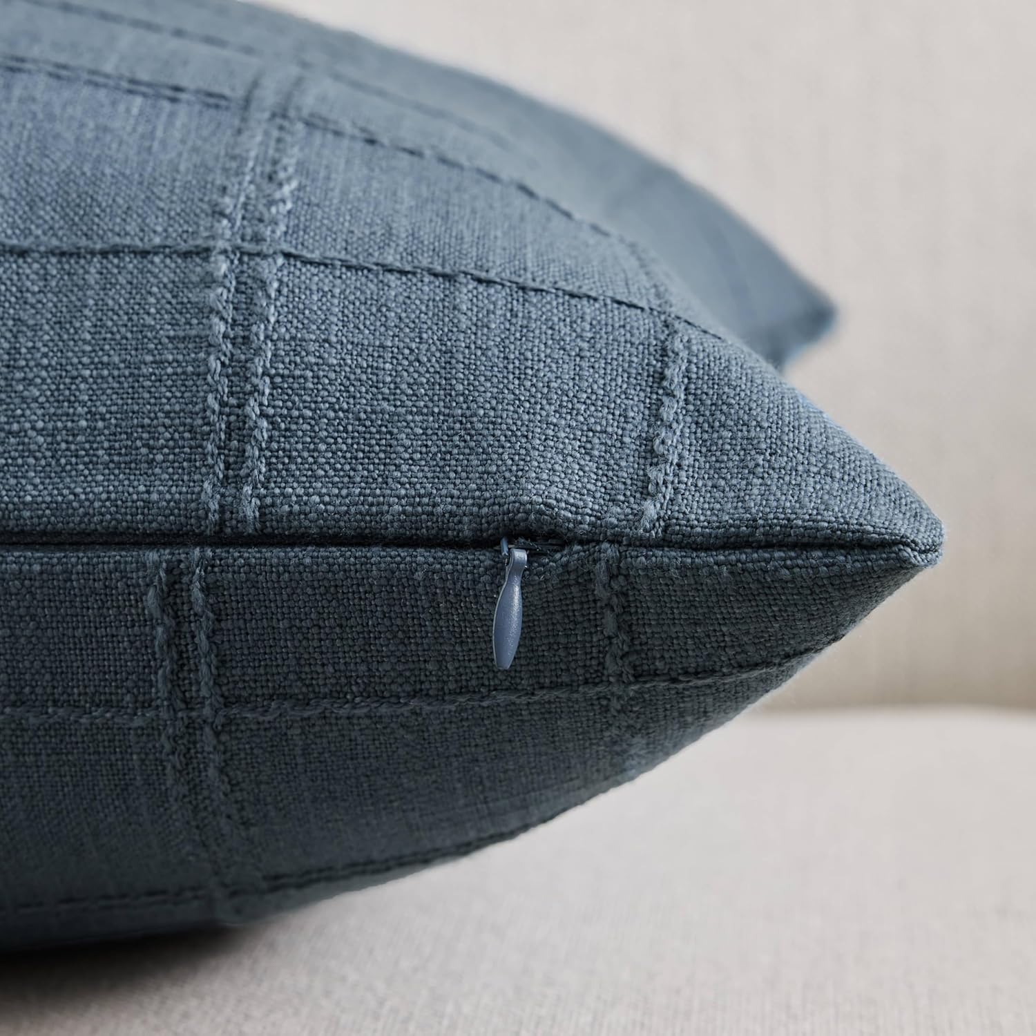 ZeeMart Linen Checked Lumbar Throw Pillow Covers Set of 2, 12x20 Inch Allover Grid Navy, Farmhouse Decorative Double Sided Grid Embroidered Couch Pillow Cases Navy Cotton Linen Cushion Covers