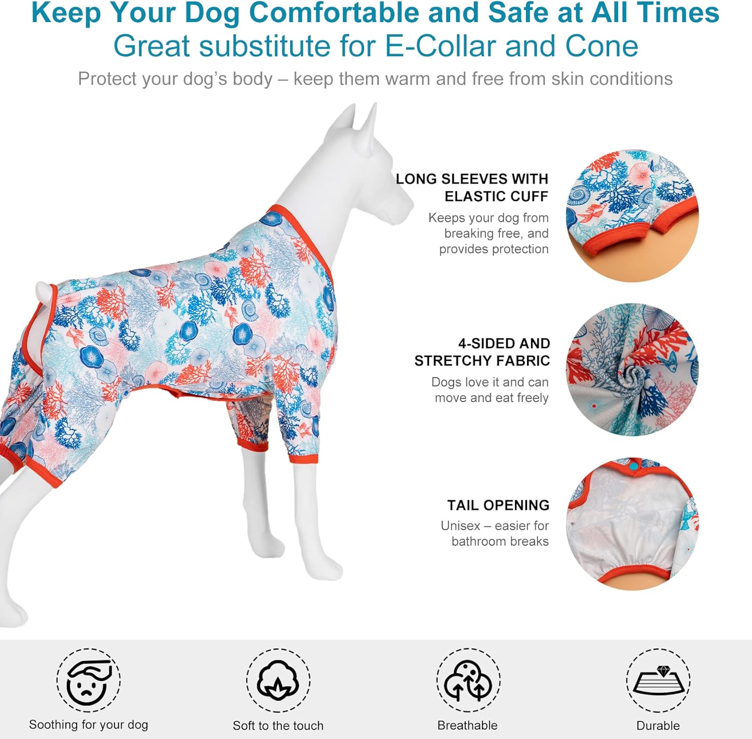 LovinPet Pajamas Outfit, Undershirt for Dog Coats, Lightweight Soft Fabric, Coral Trees and Shells Print, UV Protection Shirt, Easy to Wear Adorable Dog Clothes,Blue, 3XL