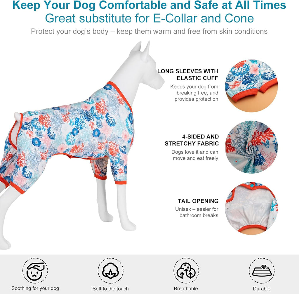 LovinPet Pajamas Outfit, Undershirt for Dog Coats, Lightweight Soft Fabric, Coral Trees and Shells Print, UV Protection Shirt, Easy to Wear Adorable Dog Clothes, Blue, M