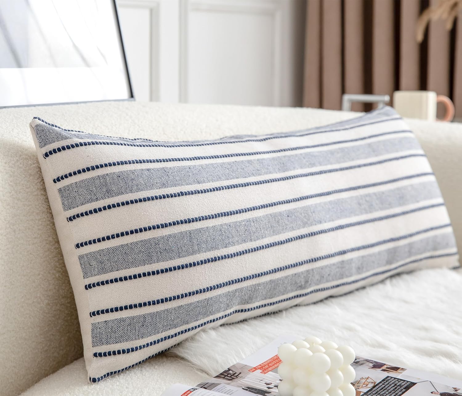 Decorative Boho Lumbar Pillow Covers, Modern Farmhouse Couch Pillowcase, 14 x 36 Long Accent Body Throw Pillow Covers, Sofa Bed Living Room Decor Cushion Case, Navy Blue and Beige, Pack of 1