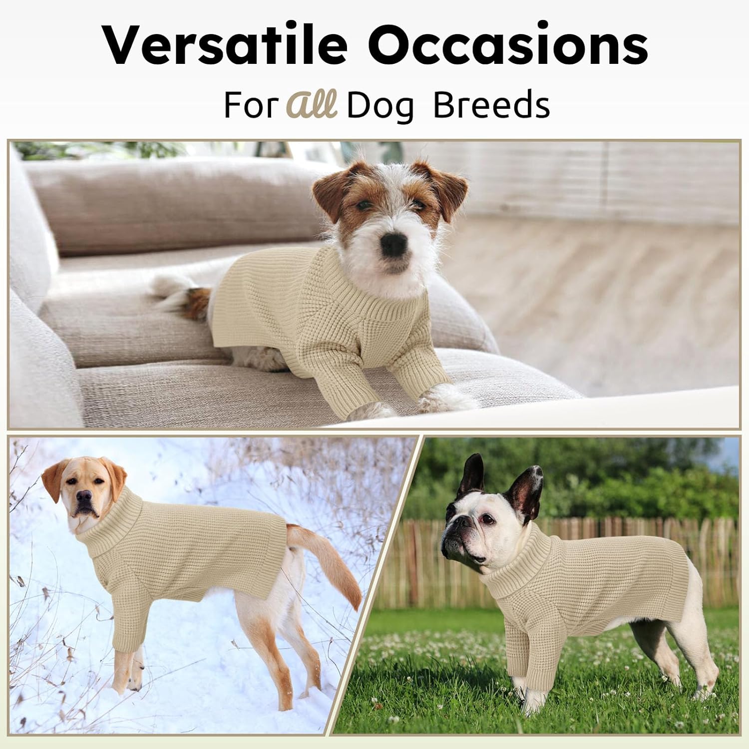 Queenmore Small Dog Sweater, Long Sleeve KnitSweater with Check Pattern, Warm Plaid Doggie Sweaters for Small Medium Dogs, Solid Pull-on Cat Knitwear, Apricot S