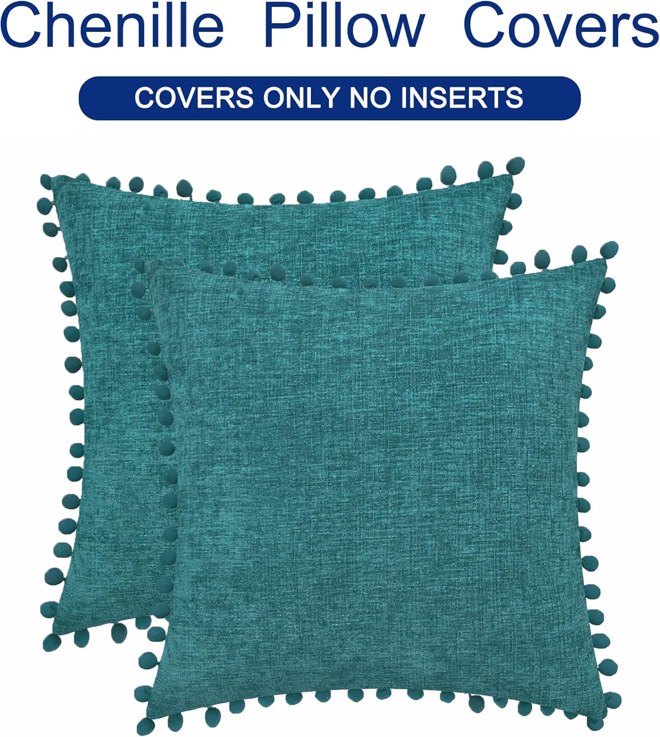 CaliTime Throw Pillow Covers Decorative 22 X 22 Inches Pack of 2 Cozy Solid Dyed Soft Chenille Cushion Cases with Pom Poms for Couch Sofa Bed Living Room Home Teal