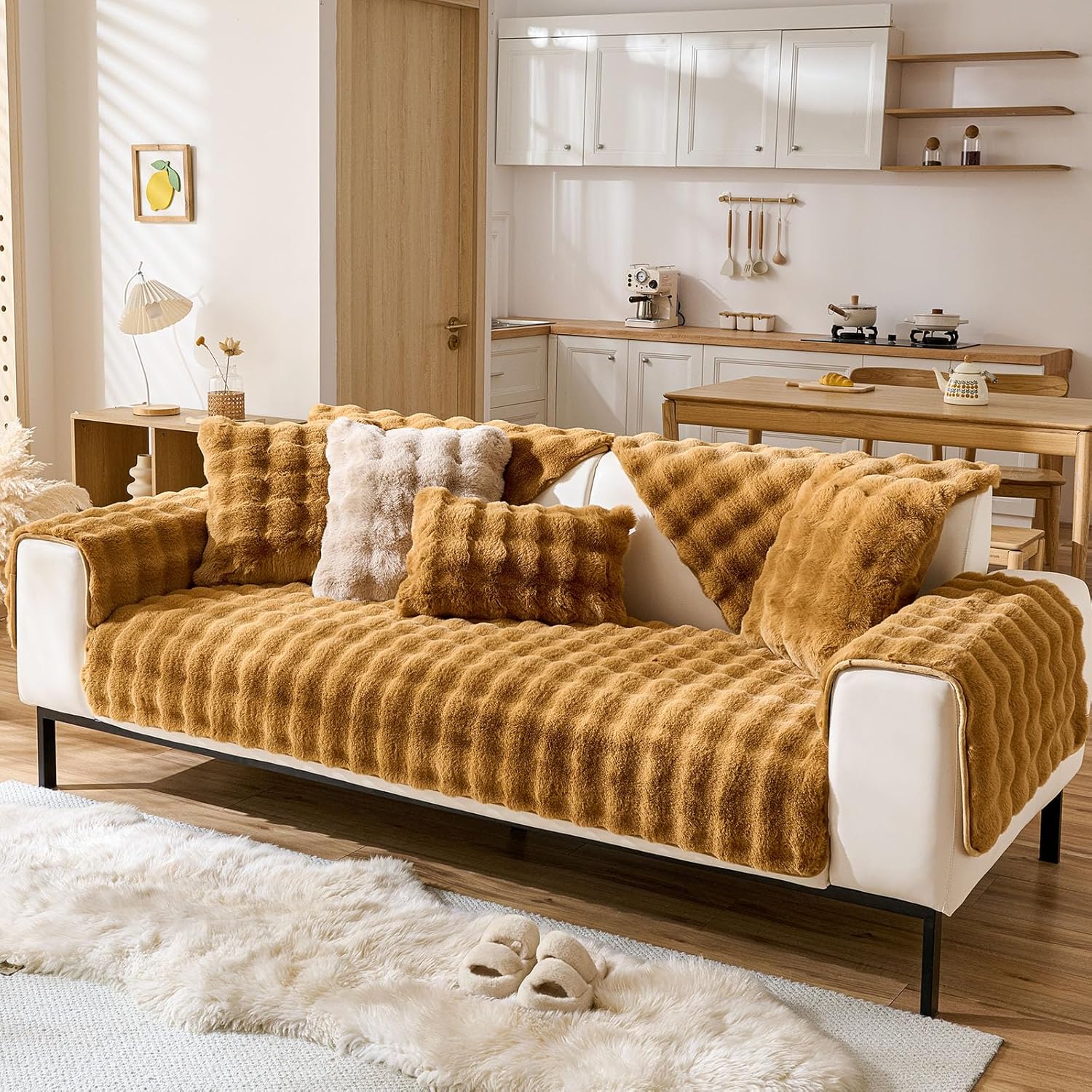 Faux Fur Armrest Cover Backrest Cover Fuzzy Plush Thick Bubble Sofa Cover Luxury Soft Cozy Couch Cover Anti-Slip Sofa Slipcover Washable Furniture Protector (Brown Yellow,28"x28")