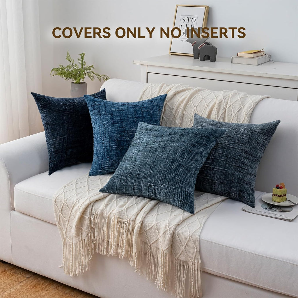Decorative Throw Pillow Covers 18x18 Inch Set of 4, Soft Solid Farmhouse Chenille Couch Pillows, Spring Pillow Covers for Couch Sofa Bed Living Room Home Decor Pillowcase, Cool Colors