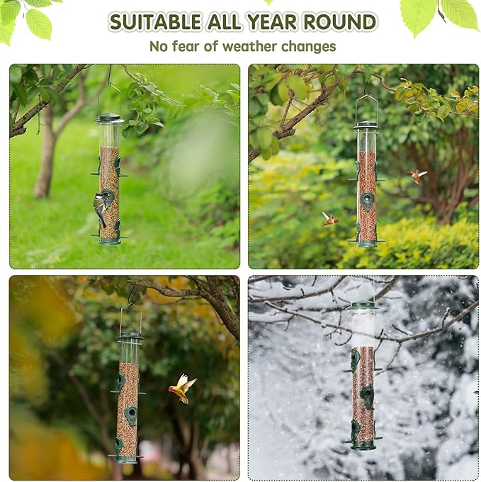 Metal Bird Feeder Tube Hanging Wild Bird Seed Feeder Aluminum Six Port Bird Feeders,1.4 mm Extra Thick Solid Tube Transparent with Steel Hanger Great for Attracting Birds