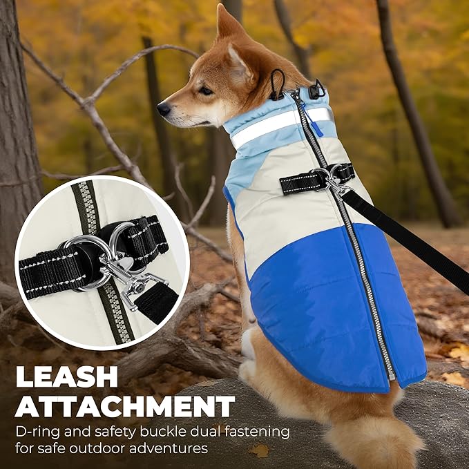 Dog Coats for Medium Dogs, Waterproof Dog Winter Jacket with Harness Built in, Cold Weather Coats, Reflective Zip-up Pet Vest, Warm Fleece Lined Dogs Snowsuit, Blue X-Large