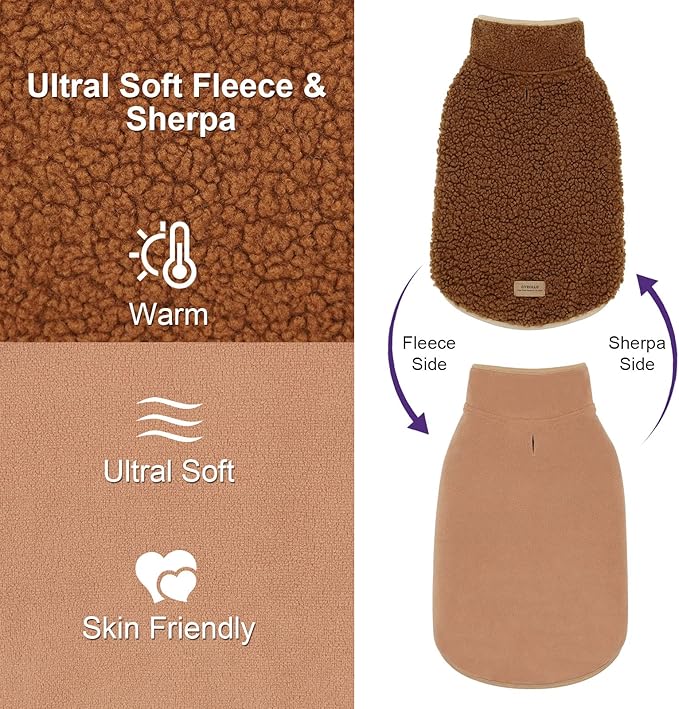cyeollo Warm Dog Coat Fleece Sherpa Winter Sweater Coats, Turtleneck Dog Jacket Vest for Medium Large Big Dogs with Leash Hole, Soft Reversible Pet Coats for Cold Weather, Brown, XXXL