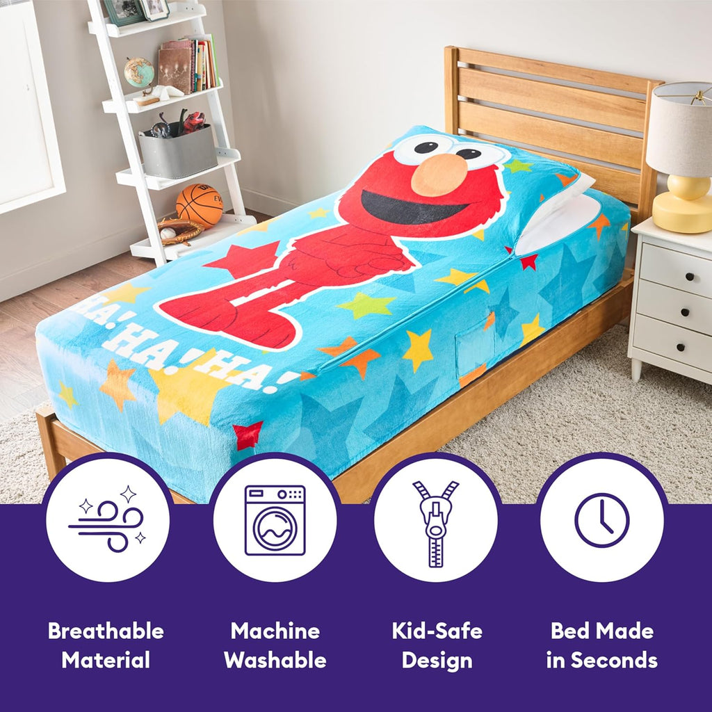 ZippySack Twin Bed Zip-Up Bedding – Super Soft Fleece Fitted Blanket with Side Pocket & Durable Zipper – Easy Bed-Making for Kids (Sesame Street Elmo)