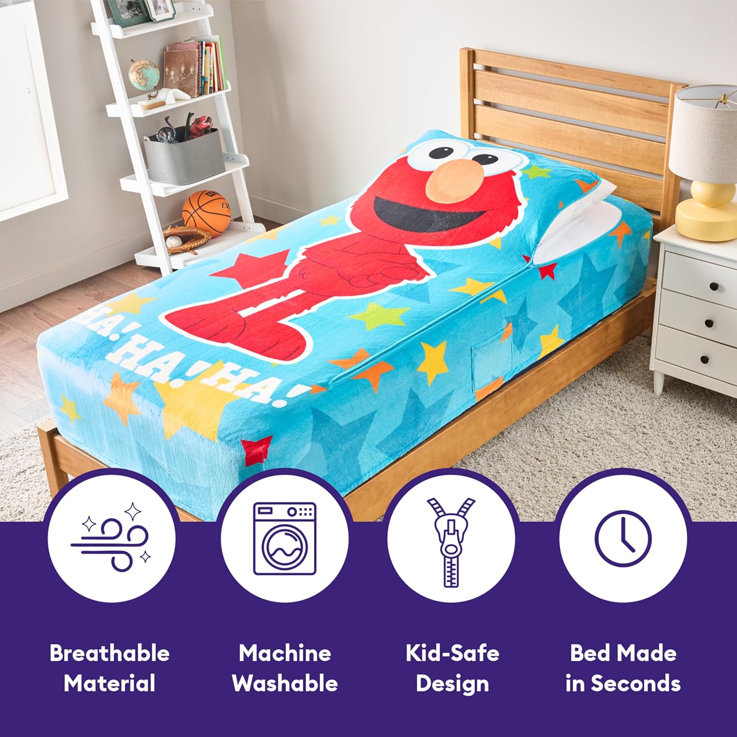 ZippySack Twin Bed Zip-Up Bedding – Super Soft Fleece Fitted Blanket with Side Pocket & Durable Zipper – Easy Bed-Making for Kids (Sesame Street Elmo)