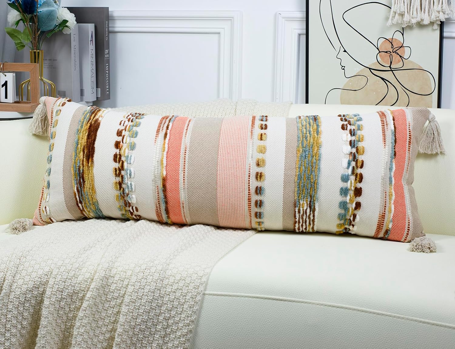 PANOD Boho Long Lumbar Throw Pillow Cover 14 x 36 Orange, Chenille Morocan Extra Long Pillow Case Cover, Decorative Long Pillow for Bed Couch Sofa Farmhouse